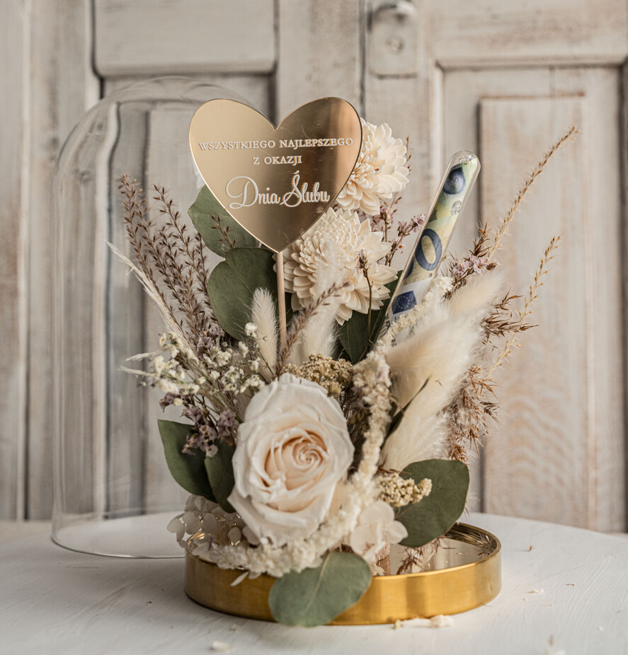 Prezenty dla Młodej Pary flowerbox, kartki z życzeniami, pudełka na prezenty Pomysł na prezent ślubny dla Młodej Pary, pomysł na wręczenie pieniędzy Młodej Parze, co zamiast kwiatów fiolka na pieniądze, kwiaty w szkle, suszone kwiaty w kopule6