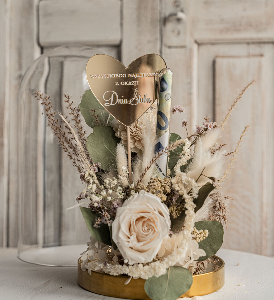 Prezenty dla Młodej Pary flowerbox, kartki z życzeniami, pudełka na prezenty Pomysł na prezent ślubny dla Młodej Pary, pomysł na wręczenie pieniędzy Młodej Parze, co zamiast kwiatów fiolka na pieniądze, kwiaty w szkle, suszone kwiaty w kopule8