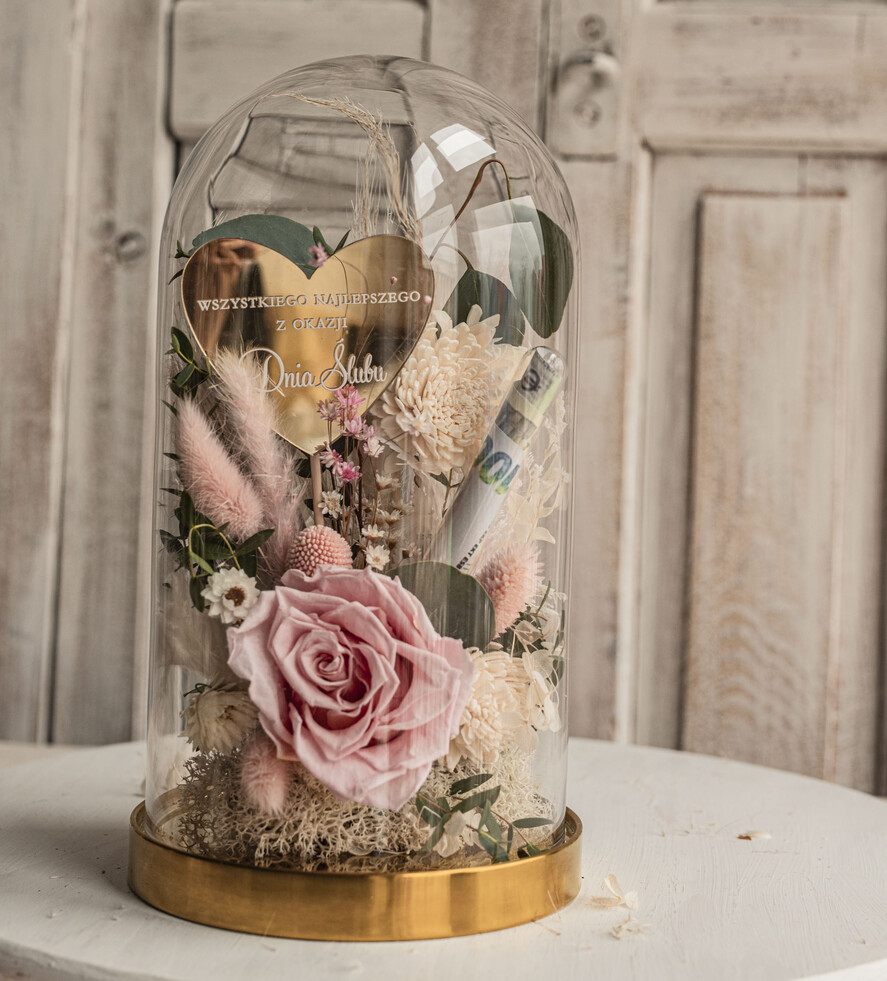 Prezenty dla Młodej Pary flowerbox, kartki z życzeniami, pudełka na prezenty prezenty z okazji ślubu dla Pary Młodej, w co zapakować pieniądze dla pary młodej, kompozycja kwiatowa w szklanej kopule, fiolka na pieniądze dla młodej pary, różowo zielony flowerbox2