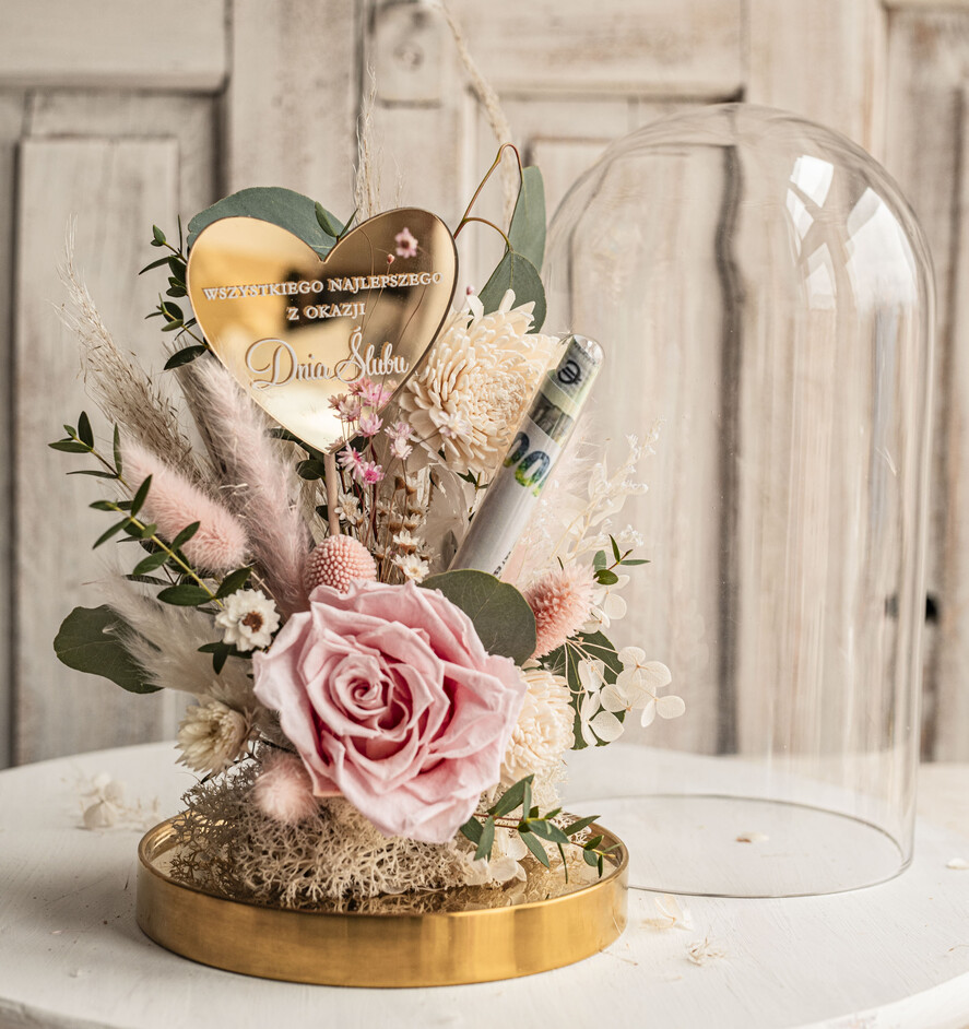 Prezenty dla Młodej Pary flowerbox, kartki z życzeniami, pudełka na prezenty prezenty z okazji ślubu dla Pary Młodej, w co zapakować pieniądze dla pary młodej, kompozycja kwiatowa w szklanej kopule, fiolka na pieniądze dla młodej pary, różowo zielony flowerbox6