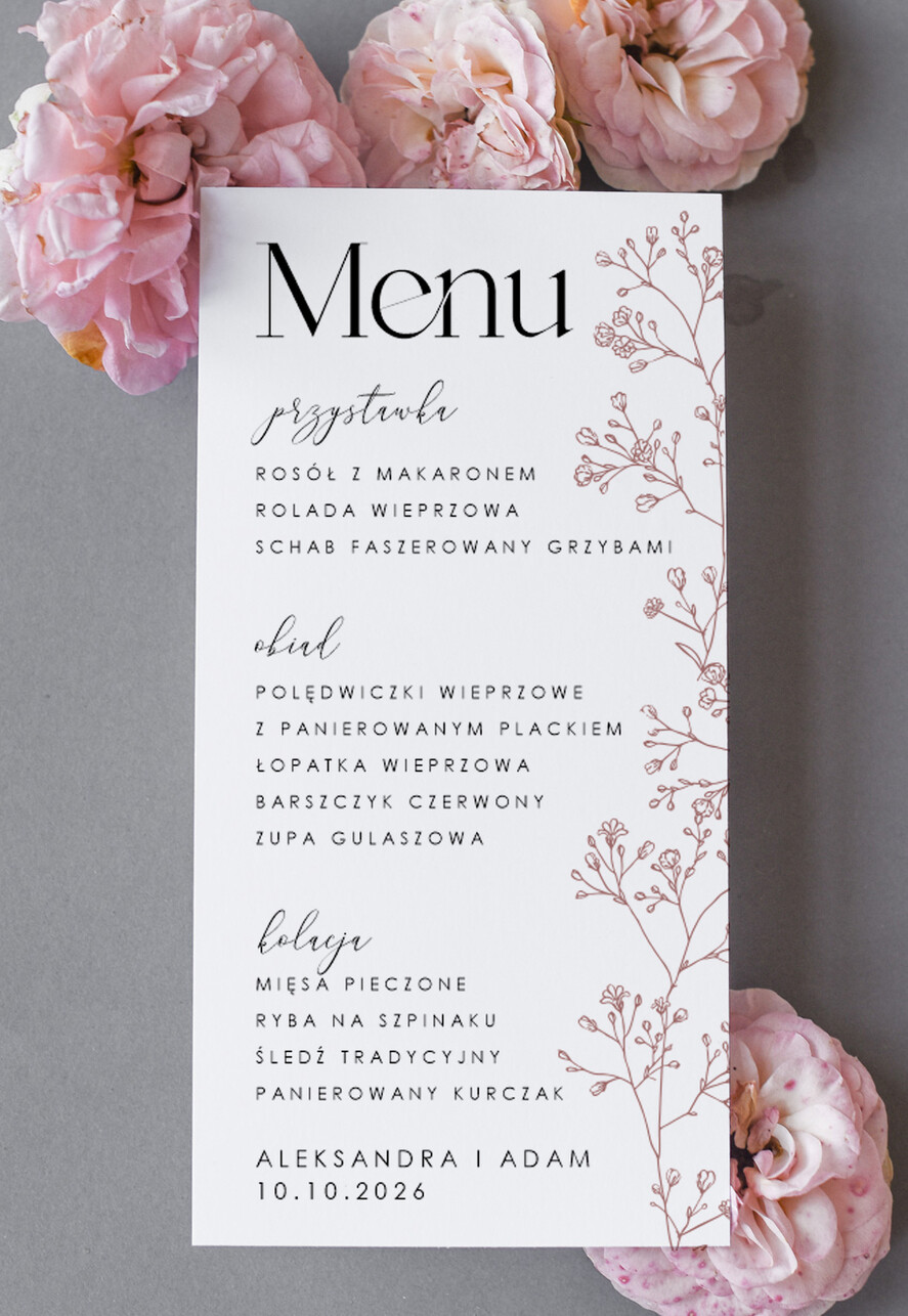 Menu Nowoczesne prosta forma kwiatowe menu na stoły weselne, karta dań na wesele, proste menu weselne w kolorze ecru, karta dań weselnych, menu weselne, plan podawania posiłków na weselu0