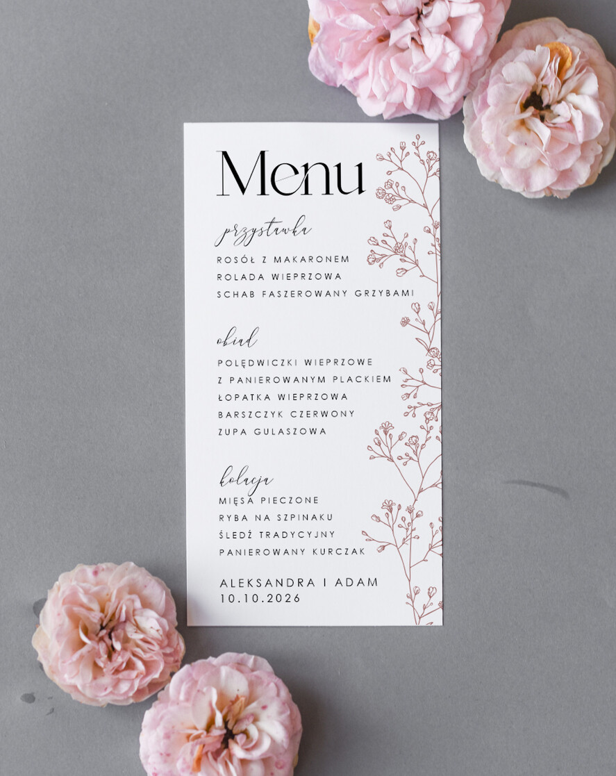 Menu Nowoczesne prosta forma kwiatowe menu na stoły weselne, karta dań na wesele, proste menu weselne w kolorze ecru, karta dań weselnych, menu weselne, plan podawania posiłków na weselu1