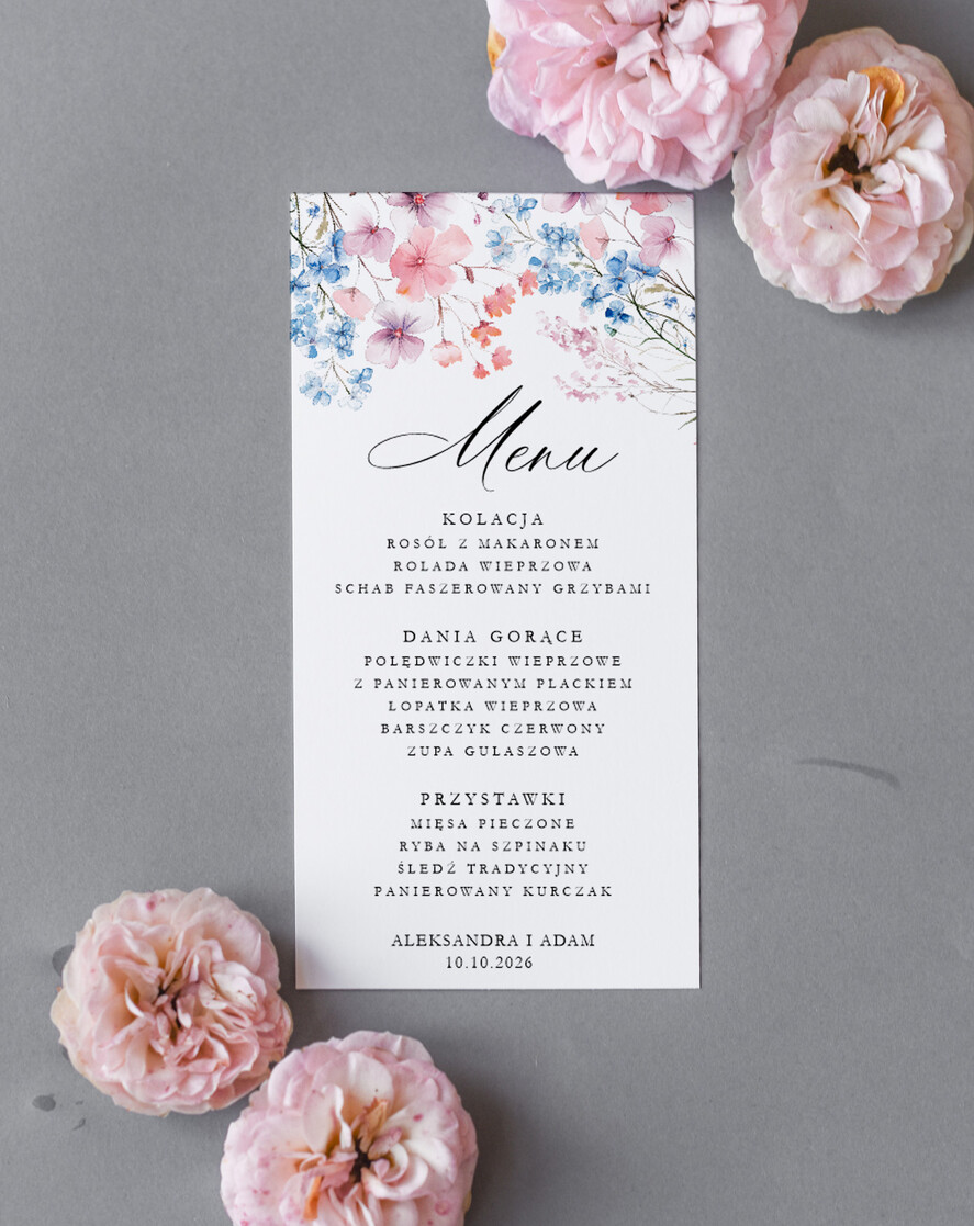 Menu Nowoczesne prosta forma kwiatowe menu na stoły weselne, karta dań na wesele, proste menu weselne w kolorze ecru, karta dań weselnych, menu weselne, plan podawania posiłków na weselu1