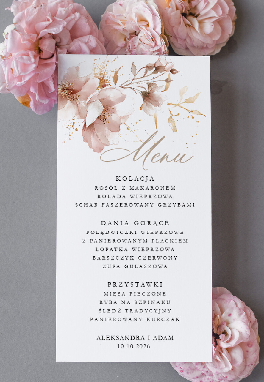 Menu Nowoczesne prosta forma kwiatowe menu na stoły weselne, karta dań na wesele, proste menu weselne w kolorze ecru, karta dań weselnych, menu weselne, plan podawania posiłków na weselu0