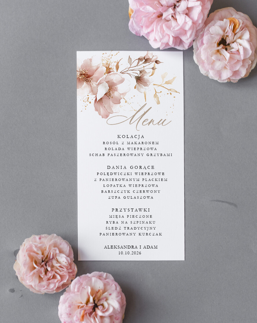 Menu Nowoczesne prosta forma kwiatowe menu na stoły weselne, karta dań na wesele, proste menu weselne w kolorze ecru, karta dań weselnych, menu weselne, plan podawania posiłków na weselu1