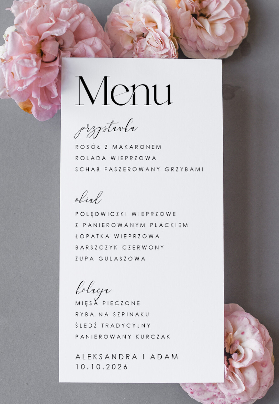 Menu Nowoczesne prosta forma eleganckie menu na stoły weselne, karta dań na wesele, proste menu weselne w kolorze ecru, karta dań weselnych, menu weselne, plan podawania posiłków na weselu1