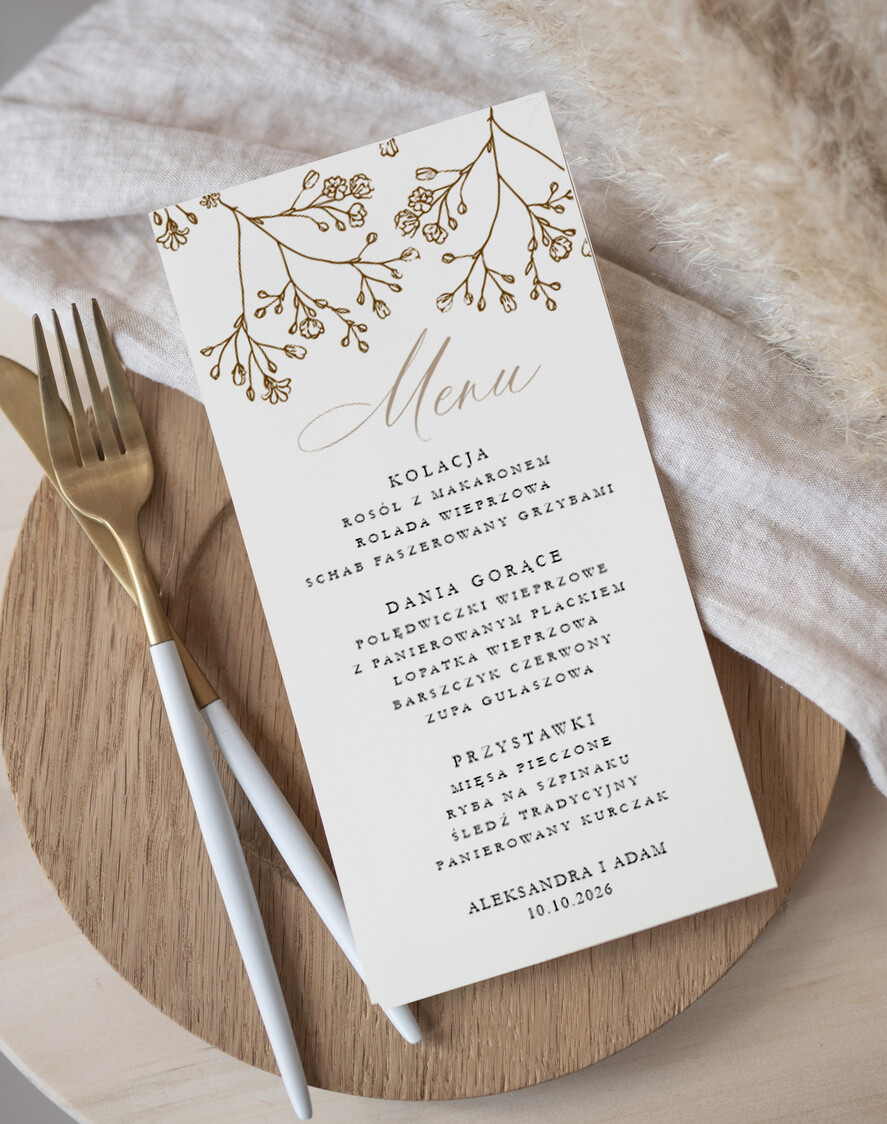 Menu Nowoczesne prosta forma kwiatowe menu na stoły weselne, karta dań na wesele, proste menu weselne w kolorze ecru, karta dań weselnych, menu weselne, plan podawania posiłków na weselu1