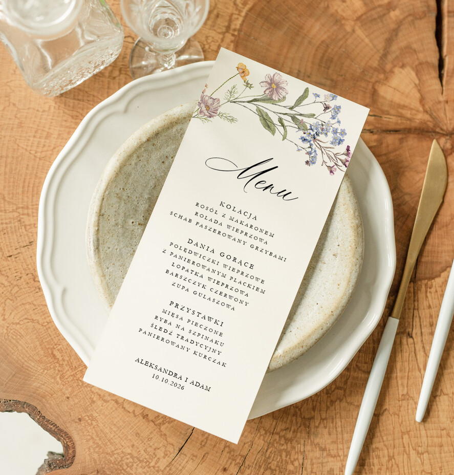 Menu Nowoczesne prosta forma kwiatowe menu na stoły weselne, karta dań na wesele, proste menu weselne w kolorze ecru, karta dań weselnych, menu weselne, plan podawania posiłków na weselu1