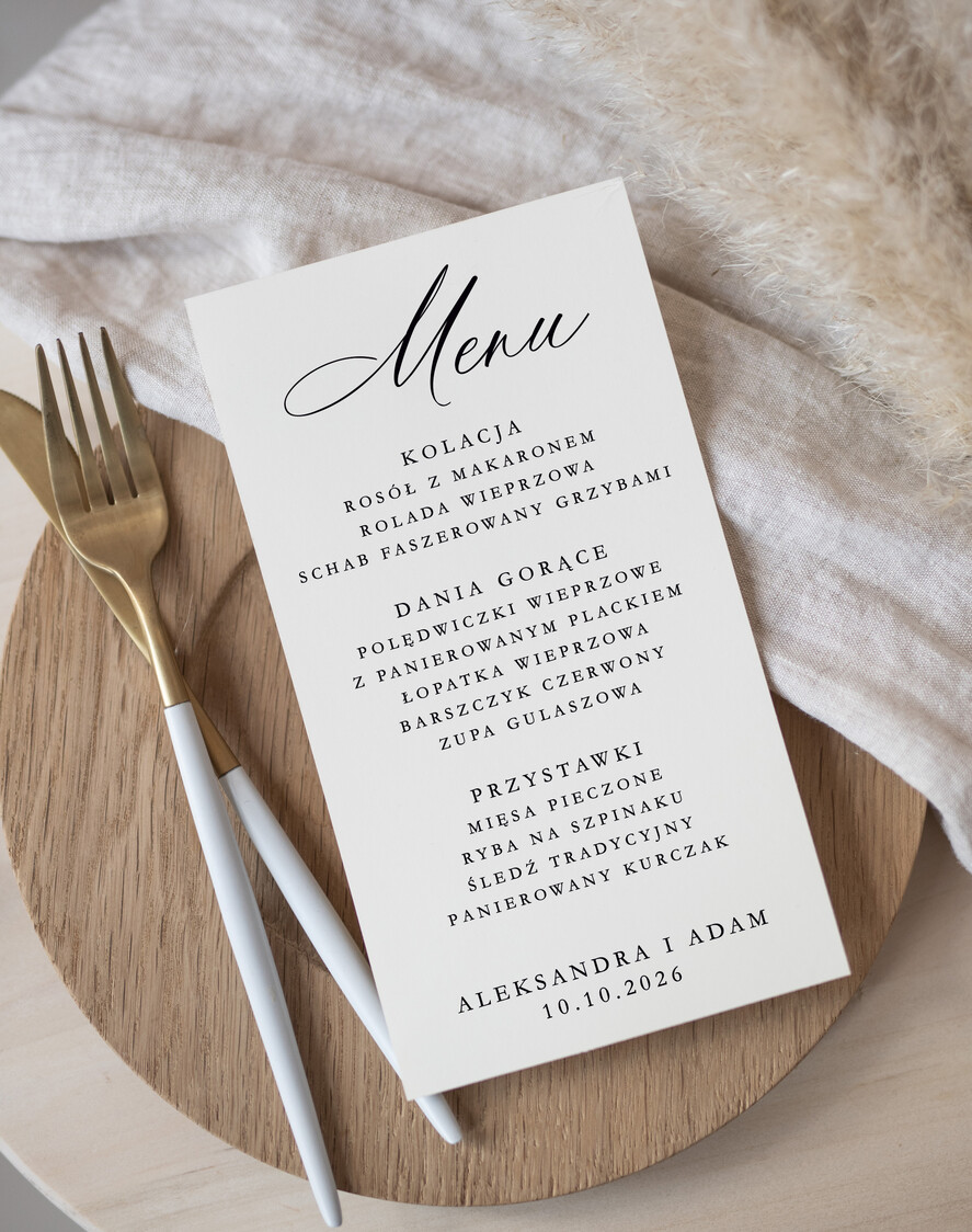 Menu Nowoczesne prosta forma eleganckie menu na stoły weselne, karta dań na wesele, proste menu weselne w kolorze ecru, karta dań weselnych, menu weselne, plan podawania posiłków0