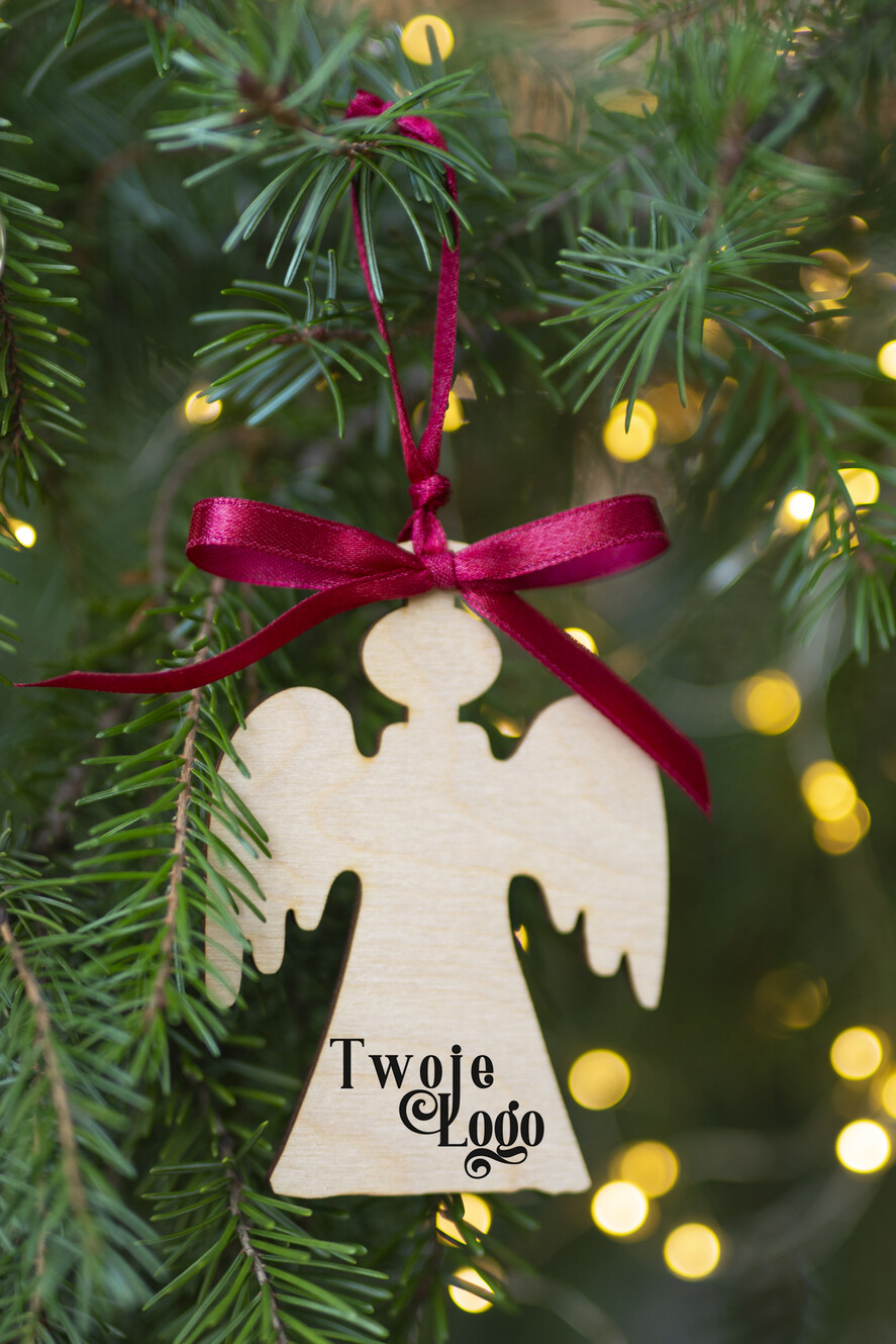 Prezenty oferta dla Firm DREWNIANE ZAWIESZKI Prezent Biznesowy Na Święta Bombka Anioł z Logo Zawieszka Choinka z logo dla firm idealny upominek B2B0