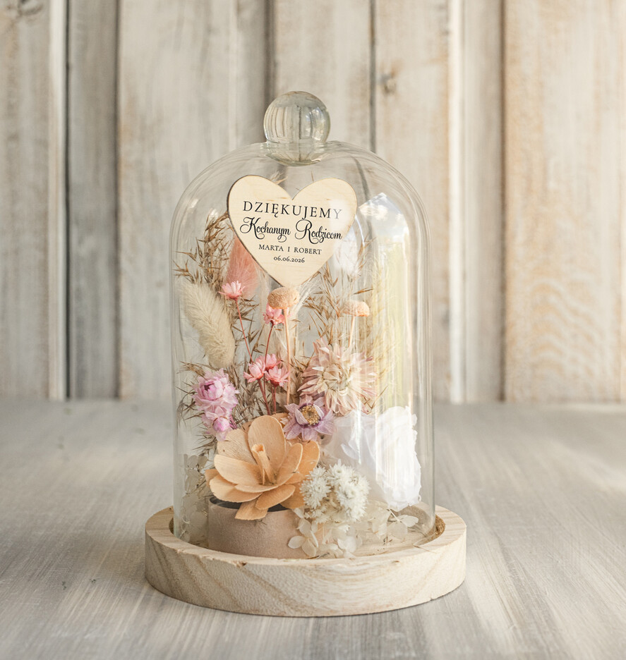 Prezenty, Podziękowania dla Rodziców Kompozycje Kwiatowe / Flowerboxy Podziękowania dla Rodziców flowerbox z suszonych kwiatów, Wieczna róża Podziękowanie od Młodej Pary kwiaty w szklanej kopule, pomysł na prezent dla Rodziców lub Mamy2