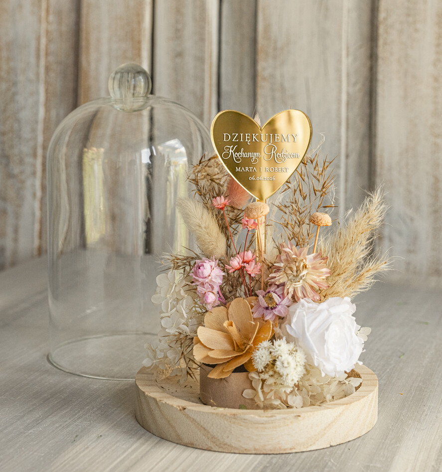 Prezenty, Podziękowania dla Rodziców Kompozycje Kwiatowe / Flowerboxy Podziękowania dla Rodziców flowerbox z suszonych kwiatów, Wieczna róża Podziękowanie od Młodej Pary kwiaty w szklanej kopule, pomysł na prezent dla Rodziców lub Mamy8