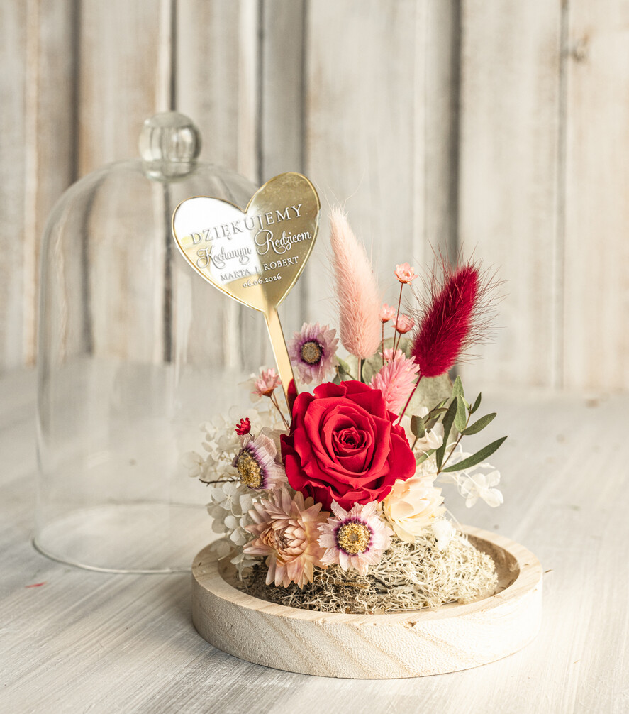 Prezenty, Podziękowania dla Rodziców Kompozycje Kwiatowe / Flowerboxy Podziękowania dla Rodziców flowerbox z suszonych kwiatów, Wieczna róża Podziękowanie od Młodej Pary kwiaty w szklanej kopule, pomysł na prezent dla Rodziców lub Mamy8
