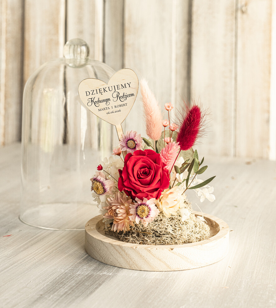 Prezenty, Podziękowania dla Rodziców Kompozycje Kwiatowe / Flowerboxy Podziękowania dla Rodziców flowerbox z suszonych kwiatów, Wieczna róża Podziękowanie od Młodej Pary kwiaty w szklanej kopule, pomysł na prezent dla Rodziców lub Mamy5