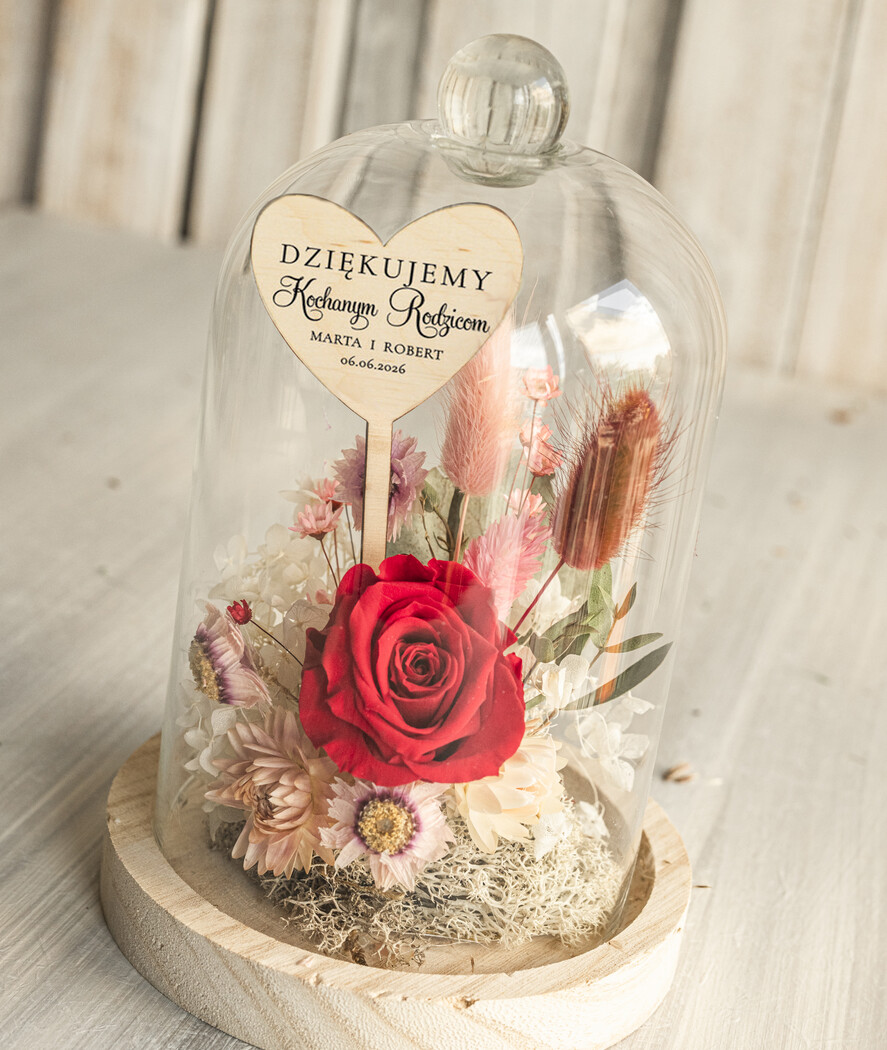 Prezenty, Podziękowania dla Rodziców Kompozycje Kwiatowe / Flowerboxy Podziękowania dla Rodziców flowerbox z suszonych kwiatów, Wieczna róża Podziękowanie od Młodej Pary kwiaty w szklanej kopule, pomysł na prezent dla Rodziców lub Mamy2