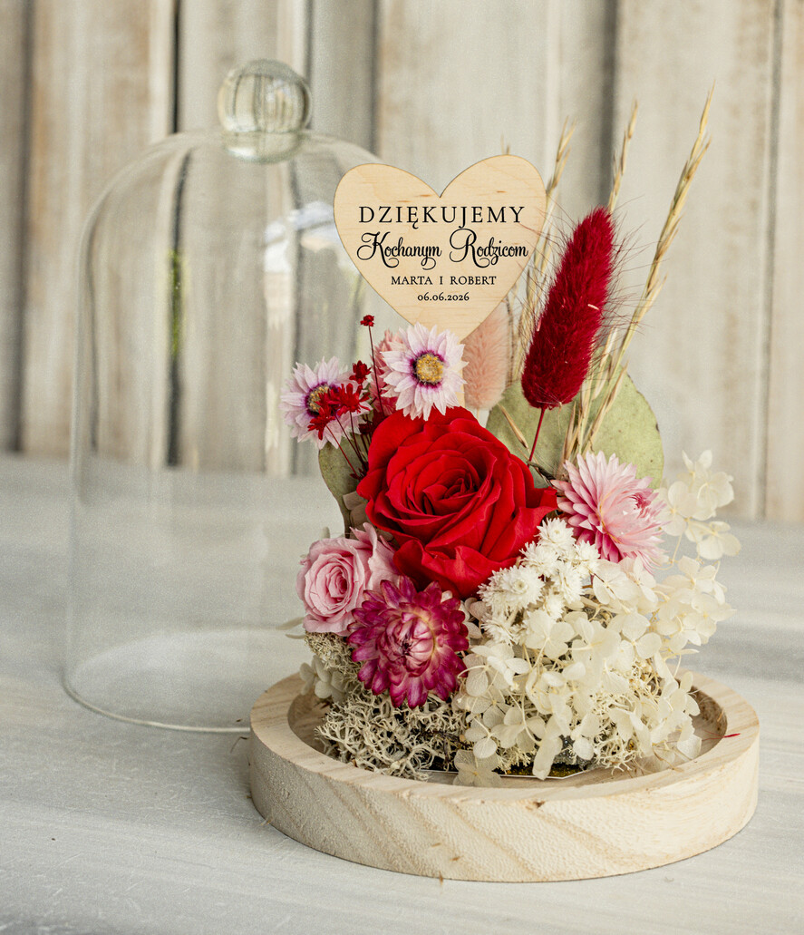 Prezenty, Podziękowania dla Rodziców Kompozycje Kwiatowe / Flowerboxy Personalizowane podziękowania dla Rodziców flowerbox z suszonych kwiatów, Wieczna róża Podziękowanie od Młodej pary w szklanej kopule, pomysł na prezent Rodzicom lub Mamie 2