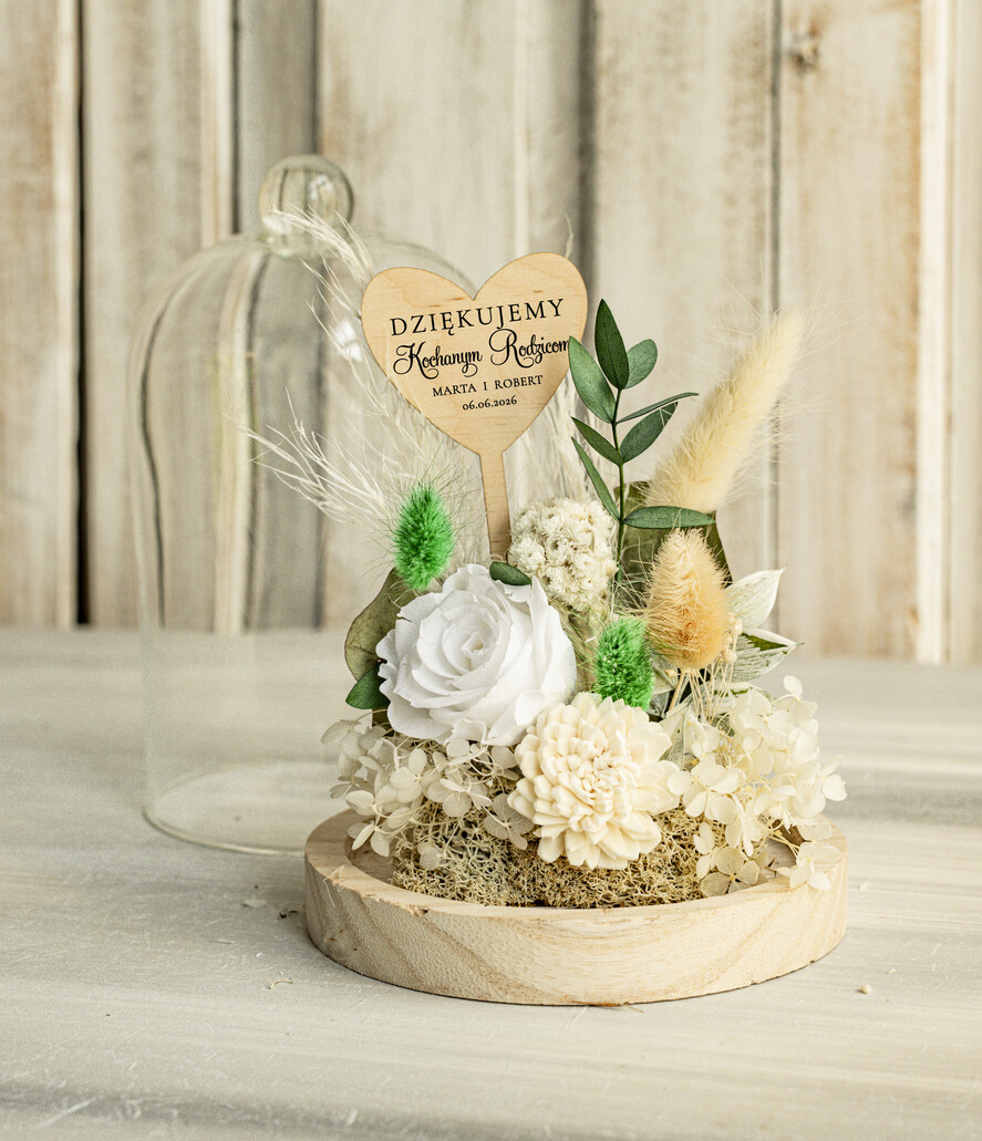 Prezenty, Podziękowania dla Rodziców Kompozycje Kwiatowe / Flowerboxy Personalizowane podziękowania dla Rodziców flowerbox z suszonych kwiatów, Wieczna róża Podziękowanie od Młodej pary w szklanej kopule, pomysł na prezent Rodzicom lub Mamie 1