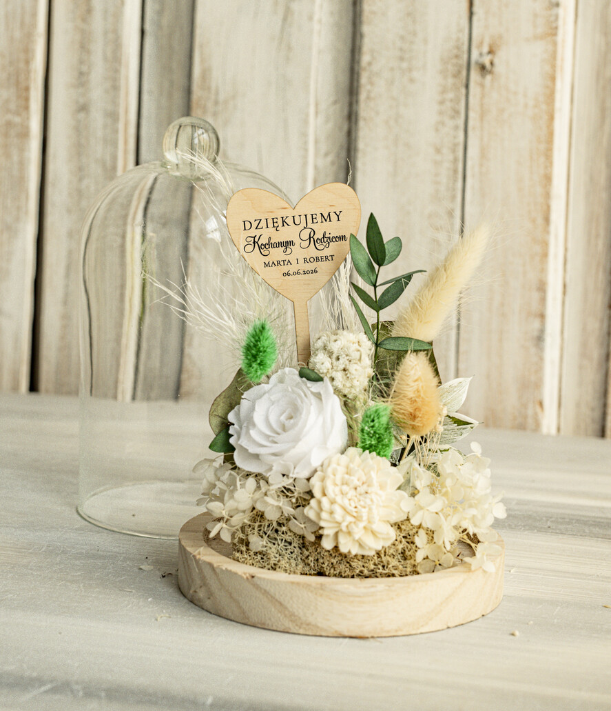 Prezenty, Podziękowania dla Rodziców Kompozycje Kwiatowe / Flowerboxy Personalizowane podziękowania dla Rodziców flowerbox z suszonych kwiatów, Wieczna róża Podziękowanie od Młodej pary w szklanej kopule, pomysł na prezent Rodzicom lub Mamie 2
