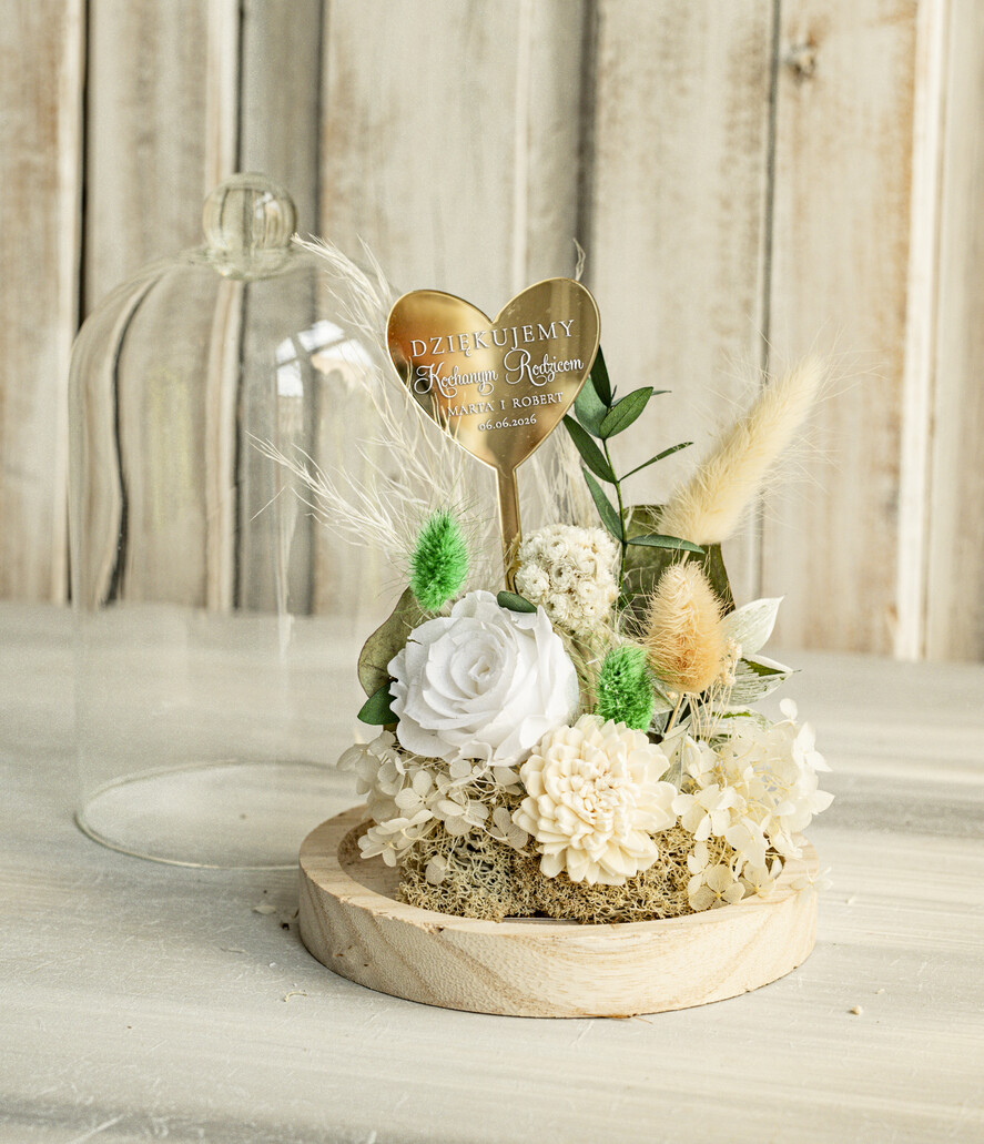 Prezenty, Podziękowania dla Rodziców Kompozycje Kwiatowe / Flowerboxy Personalizowane podziękowania dla Rodziców flowerbox z suszonych kwiatów, Wieczna róża Podziękowanie od Młodej pary w szklanej kopule, pomysł na prezent Rodzicom lub Mamie 4