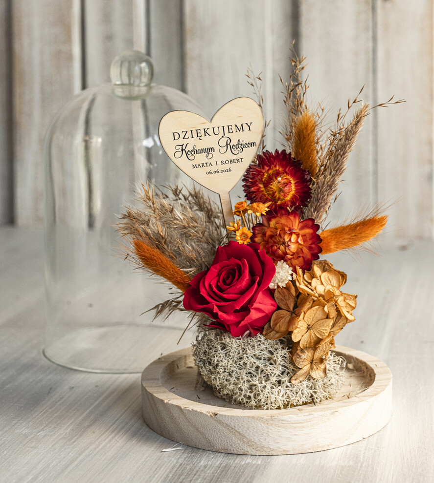 Prezenty, Podziękowania dla Rodziców Kompozycje Kwiatowe / Flowerboxy Personalizowane podziękowania dla Rodziców flowerbox z suszonych kwiatów, Wieczna róża Podziękowanie od Młodej Pary kwiaty w szklanej kopule, pomysł na prezent dla Rodziców lub Mamiy3