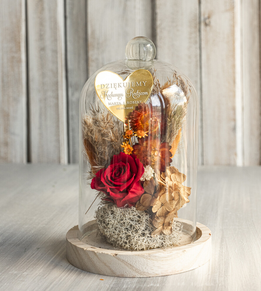 Prezenty, Podziękowania dla Rodziców Kompozycje Kwiatowe / Flowerboxy Personalizowane podziękowania dla Rodziców flowerbox z suszonych kwiatów, Wieczna róża Podziękowanie od Młodej Pary kwiaty w szklanej kopule, pomysł na prezent dla Rodziców lub Mamiy6