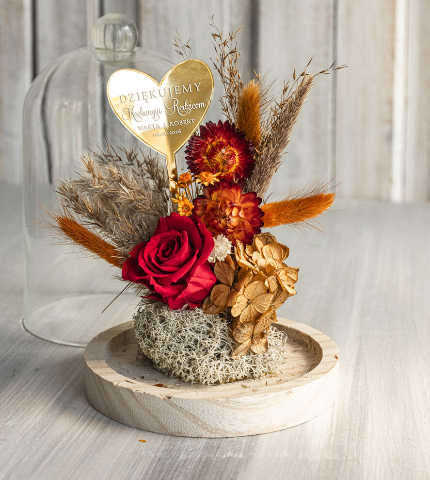 Prezenty, Podziękowania dla Rodziców Kompozycje Kwiatowe / Flowerboxy Personalizowane podziękowania dla Rodziców flowerbox z suszonych kwiatów, Wieczna róża Podziękowanie od Młodej Pary kwiaty w szklanej kopule, pomysł na prezent dla Rodziców lub Mamiy0