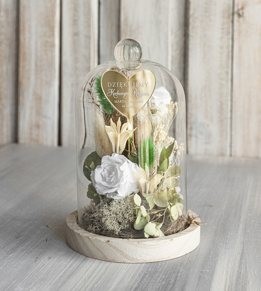 Prezenty, Podziękowania dla Rodziców Kompozycje Kwiatowe / Flowerboxy Personalizowane podziękowania dla Rodziców flowerbox z suszonych kwiatów, Wieczna róża Podziękowanie od Młodej Pary kwiaty w szklanej kopule, pomysł na prezent dla Rodziców lub Mamy5