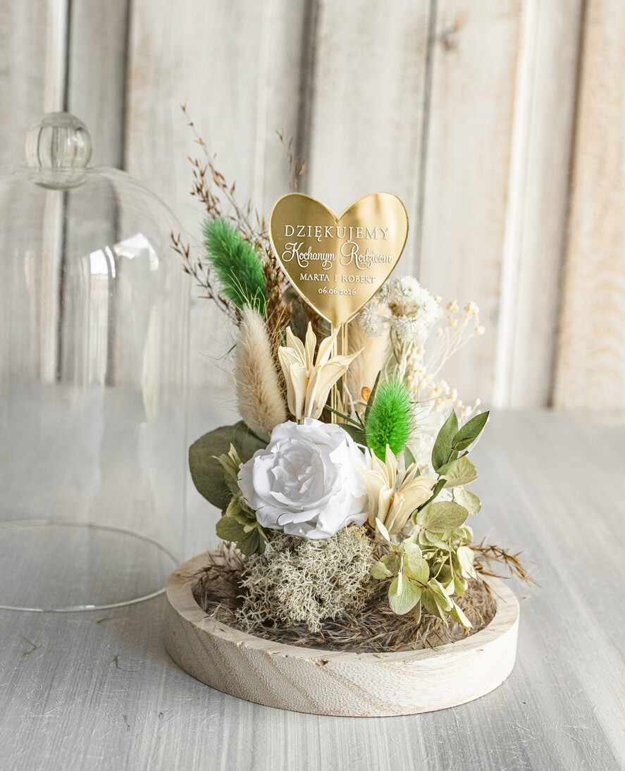 Prezenty, Podziękowania dla Rodziców Kompozycje Kwiatowe / Flowerboxy Personalizowane podziękowania dla Rodziców flowerbox z suszonych kwiatów, Wieczna róża Podziękowanie od Młodej Pary kwiaty w szklanej kopule, pomysł na prezent dla Rodziców lub Mamy6