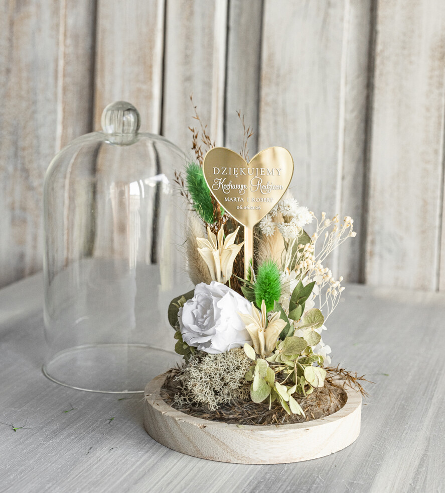 Prezenty, Podziękowania dla Rodziców Kompozycje Kwiatowe / Flowerboxy Personalizowane podziękowania dla Rodziców flowerbox z suszonych kwiatów, Wieczna róża Podziękowanie od Młodej Pary kwiaty w szklanej kopule, pomysł na prezent dla Rodziców lub Mamy7