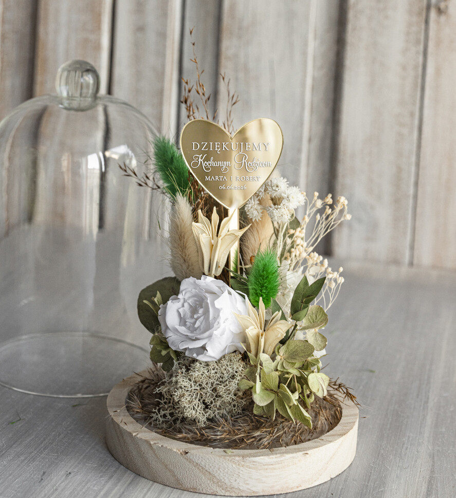Prezenty, Podziękowania dla Rodziców Kompozycje Kwiatowe / Flowerboxy Personalizowane podziękowania dla Rodziców flowerbox z suszonych kwiatów, Wieczna róża Podziękowanie od Młodej Pary kwiaty w szklanej kopule, pomysł na prezent dla Rodziców lub Mamy8