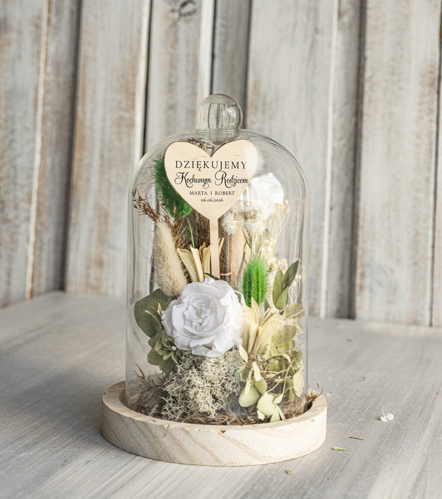 Prezenty, Podziękowania dla Rodziców Kompozycje Kwiatowe / Flowerboxy Personalizowane podziękowania dla Rodziców flowerbox z suszonych kwiatów, Wieczna róża Podziękowanie od Młodej Pary kwiaty w szklanej kopule, pomysł na prezent dla Rodziców lub Mamy4