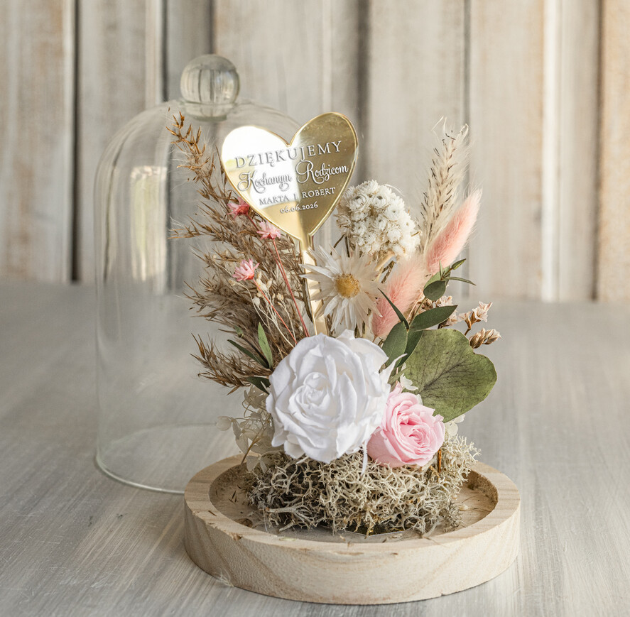 Prezenty, Podziękowania dla Rodziców Kompozycje Kwiatowe / Flowerboxy Podziękowania dla Rodziców flowerbox z suszonych kwiatów, Wieczna róża Podziękowanie od Młodej Pary kwiaty w szklanej kopule, pomysł na prezent dla Rodziców lub Mamy1