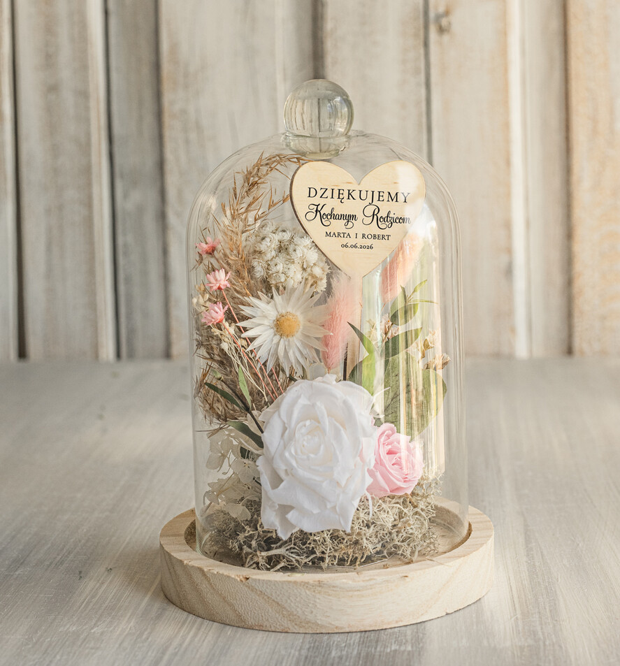 Prezenty, Podziękowania dla Rodziców Kompozycje Kwiatowe / Flowerboxy Podziękowania dla Rodziców flowerbox z suszonych kwiatów, Wieczna róża Podziękowanie od Młodej Pary kwiaty w szklanej kopule, pomysł na prezent dla Rodziców lub Mamy3