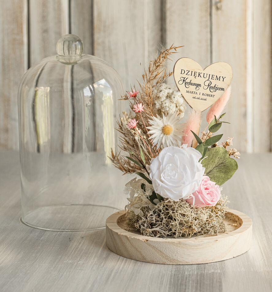 Prezenty, Podziękowania dla Rodziców Kompozycje Kwiatowe / Flowerboxy Podziękowania dla Rodziców flowerbox z suszonych kwiatów, Wieczna róża Podziękowanie od Młodej Pary kwiaty w szklanej kopule, pomysł na prezent dla Rodziców lub Mamy2