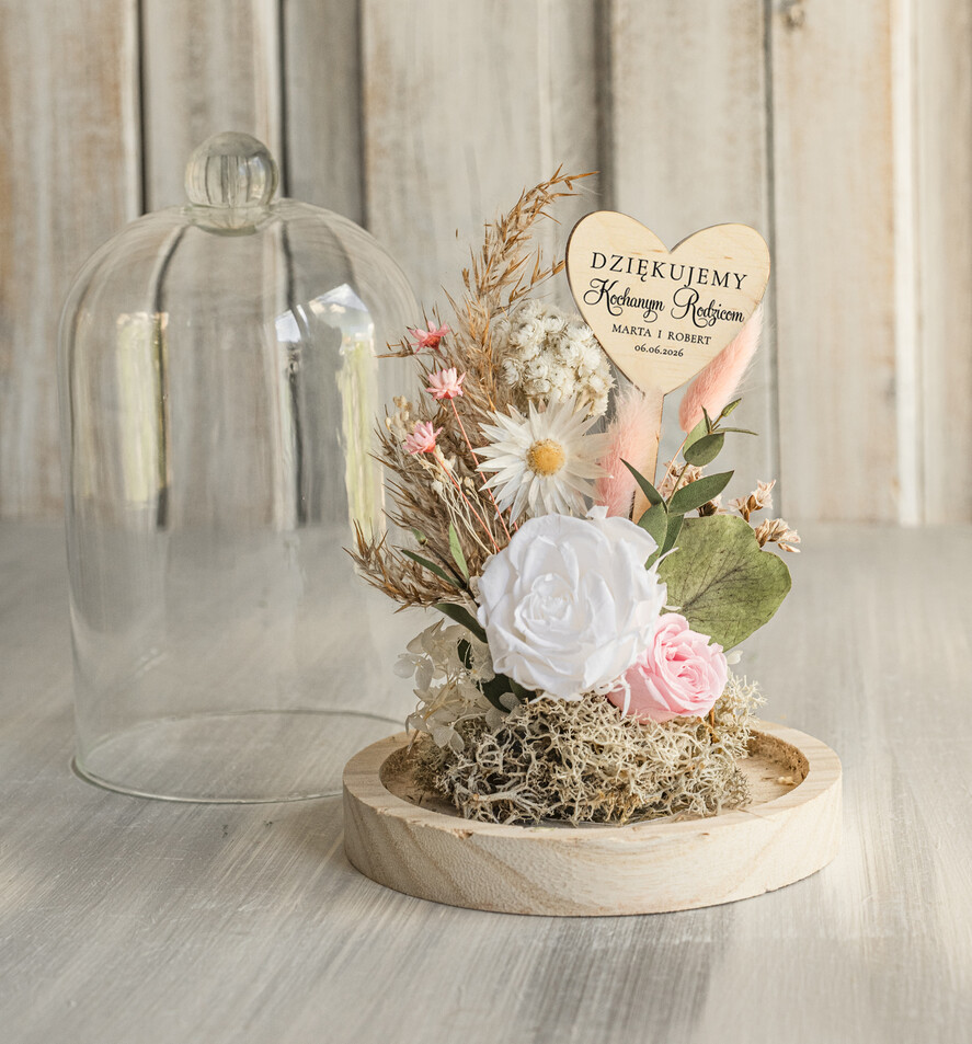Prezenty, Podziękowania dla Rodziców Kompozycje Kwiatowe / Flowerboxy Podziękowania dla Rodziców flowerbox z suszonych kwiatów, Wieczna róża Podziękowanie od Młodej Pary kwiaty w szklanej kopule, pomysł na prezent dla Rodziców lub Mamy4