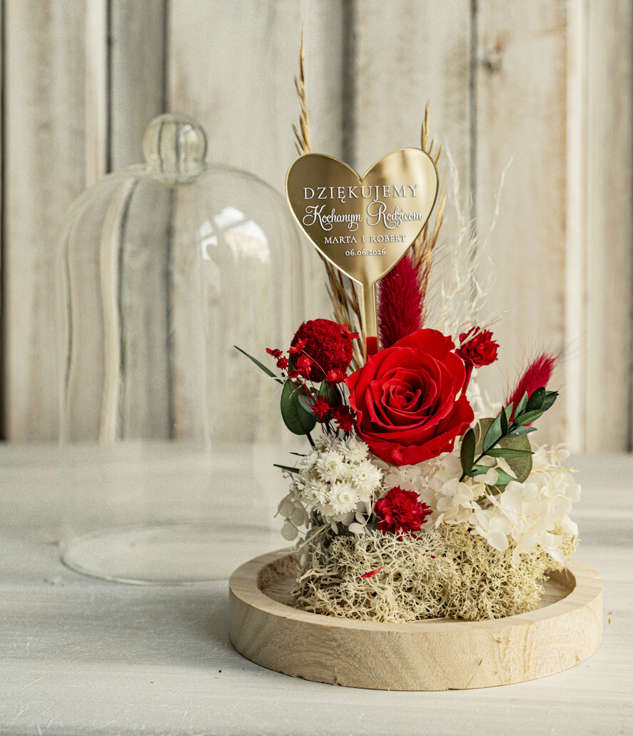 Prezenty, Podziękowania dla Rodziców Kompozycje Kwiatowe / Flowerboxy Personalizowane podziękowania dla Rodziców flowerbox z suszonych kwiatów, Wieczna róża Podziękowanie od Młodej pary w szklanej kopule, pomysł na prezent Rodzicom lub Mamie 3