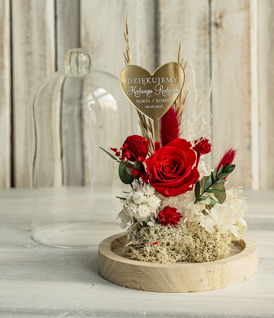 Prezenty, Podziękowania dla Rodziców Kompozycje Kwiatowe / Flowerboxy Personalizowane podziękowania dla Rodziców flowerbox z suszonych kwiatów, Wieczna róża Podziękowanie od Młodej pary w szklanej kopule, pomysł na prezent Rodzicom lub Mamie 4