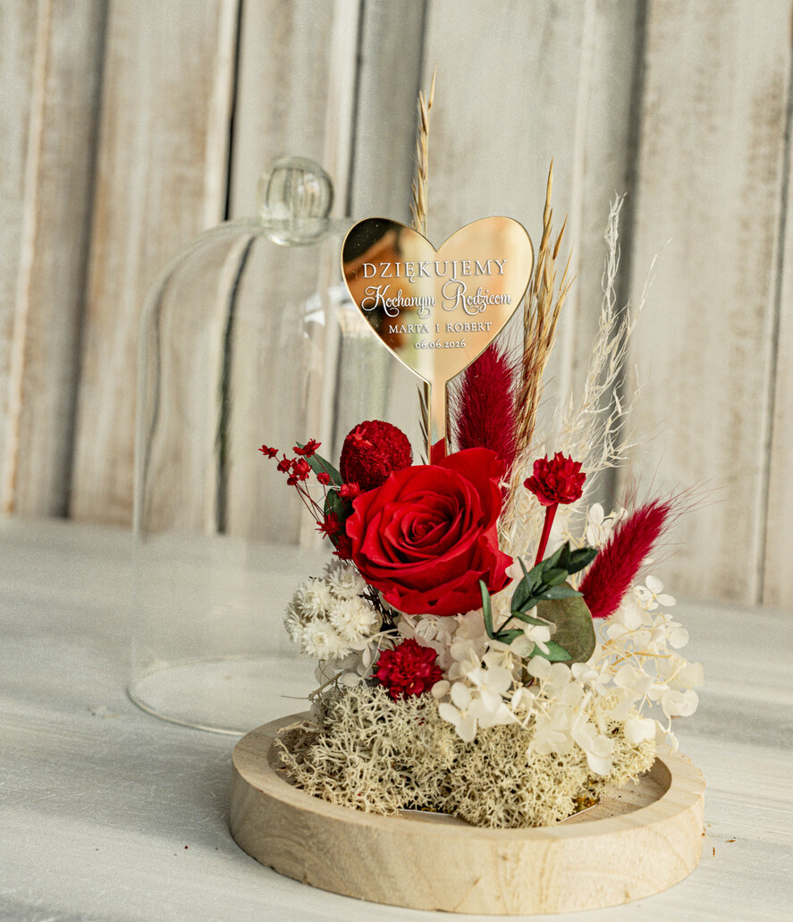 Prezenty, Podziękowania dla Rodziców Kompozycje Kwiatowe / Flowerboxy Personalizowane podziękowania dla Rodziców flowerbox z suszonych kwiatów, Wieczna róża Podziękowanie od Młodej pary w szklanej kopule, pomysł na prezent Rodzicom lub Mamie 5
