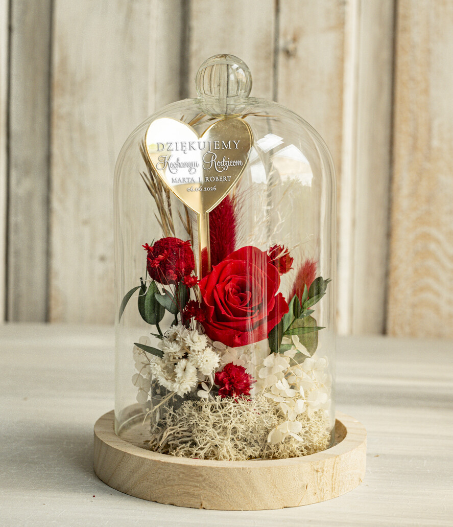 Prezenty, Podziękowania dla Rodziców Kompozycje Kwiatowe / Flowerboxy Personalizowane podziękowania dla Rodziców flowerbox z suszonych kwiatów, Wieczna róża Podziękowanie od Młodej pary w szklanej kopule, pomysł na prezent Rodzicom lub Mamie 0