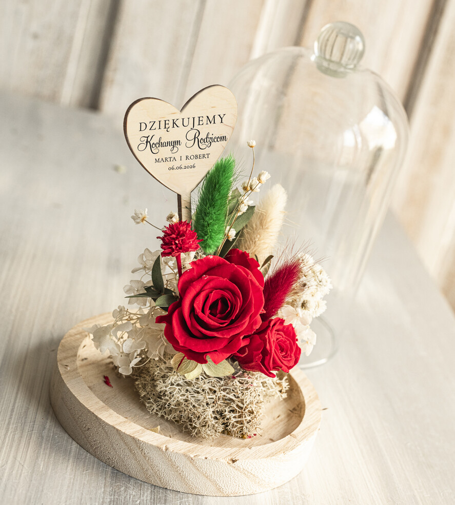 Prezenty, Podziękowania dla Rodziców Kompozycje Kwiatowe / Flowerboxy Podziękowania dla Rodziców flowerbox z suszonych kwiatów, Wieczna róża Podziękowanie od Młodej Pary kwiaty w szklanej kopule, pomysł na prezent dla Rodziców lub Mamy1