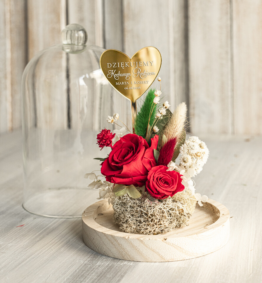 Prezenty, Podziękowania dla Rodziców Kompozycje Kwiatowe / Flowerboxy Podziękowania dla Rodziców flowerbox z suszonych kwiatów, Wieczna róża Podziękowanie od Młodej Pary kwiaty w szklanej kopule, pomysł na prezent dla Rodziców lub Mamy7