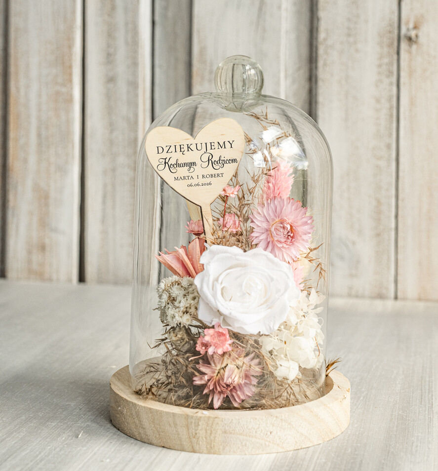 Prezenty, Podziękowania dla Rodziców Kompozycje Kwiatowe / Flowerboxy Podziękowania dla Rodziców flowerbox z suszonych kwiatów, Wieczna róża Podziękowanie od Młodej Pary kwiaty w szklanej kopule, pomysł na prezent dla Rodziców lub Mamy3