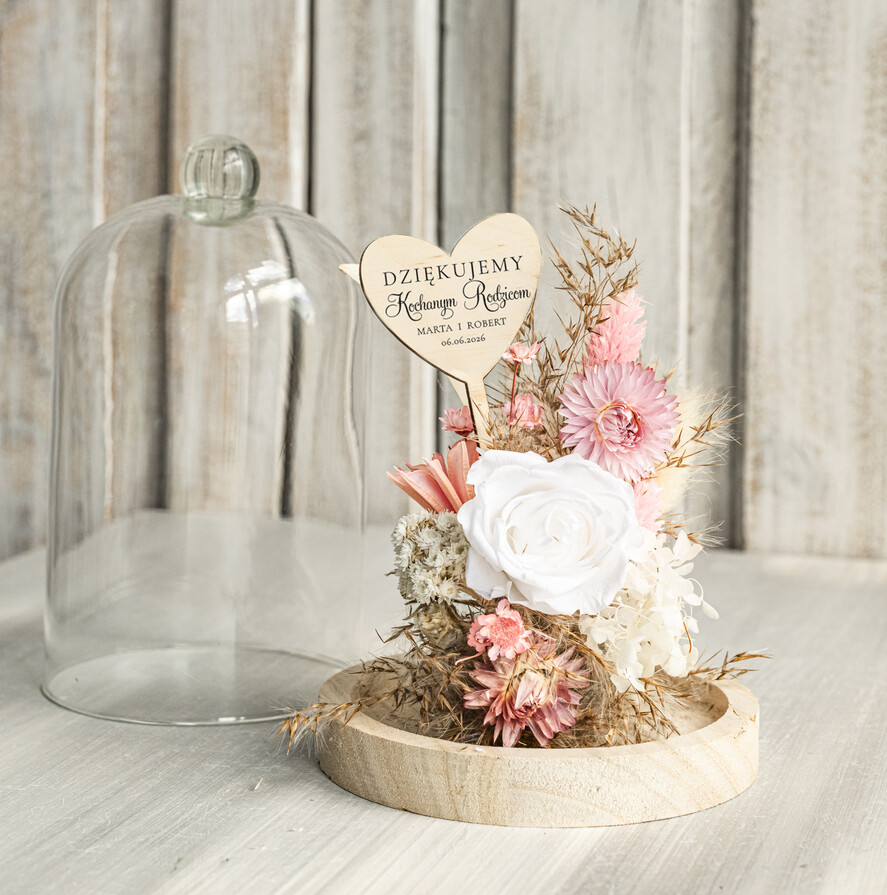 Prezenty, Podziękowania dla Rodziców Kompozycje Kwiatowe / Flowerboxy Podziękowania dla Rodziców flowerbox z suszonych kwiatów, Wieczna róża Podziękowanie od Młodej Pary kwiaty w szklanej kopule, pomysł na prezent dla Rodziców lub Mamy4
