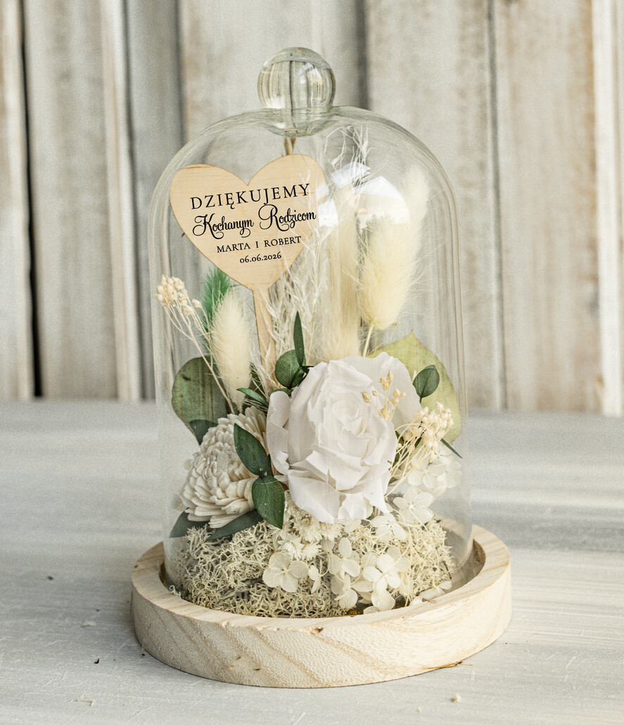 Prezenty, Podziękowania dla Rodziców Kompozycje Kwiatowe / Flowerboxy Personalizowane podziękowania dla Rodziców flowerbox z suszonych kwiatów, Wieczna róża Podziękowanie od Młodej pary w szklanej kopule, pomysł na prezent Rodzicom lub Mamie 2