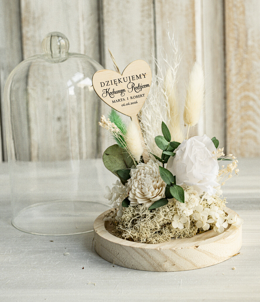 Prezenty, Podziękowania dla Rodziców Kompozycje Kwiatowe / Flowerboxy Personalizowane podziękowania dla Rodziców flowerbox z suszonych kwiatów, Wieczna róża Podziękowanie od Młodej pary w szklanej kopule, pomysł na prezent Rodzicom lub Mamie 3