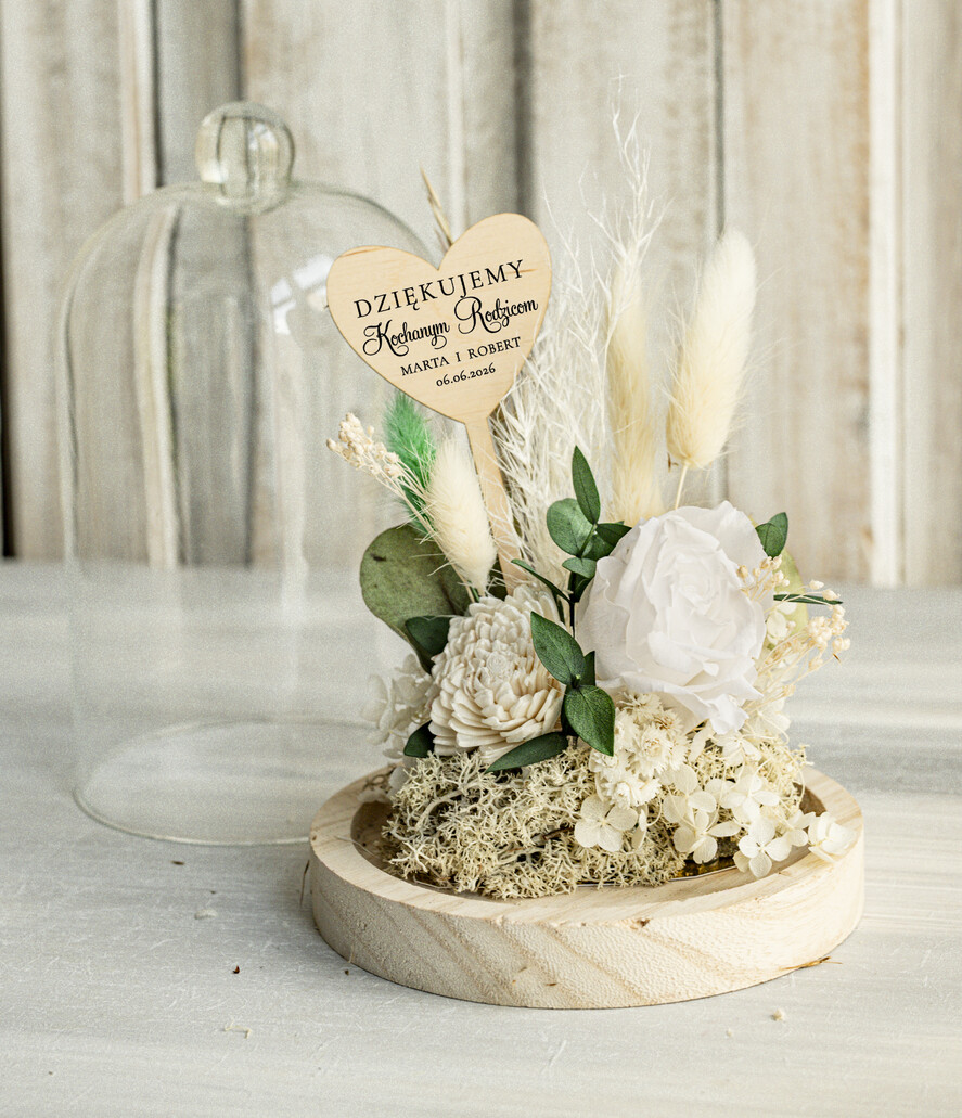 Prezenty, Podziękowania dla Rodziców Kompozycje Kwiatowe / Flowerboxy Personalizowane podziękowania dla Rodziców flowerbox z suszonych kwiatów, Wieczna róża Podziękowanie od Młodej pary w szklanej kopule, pomysł na prezent Rodzicom lub Mamie 4