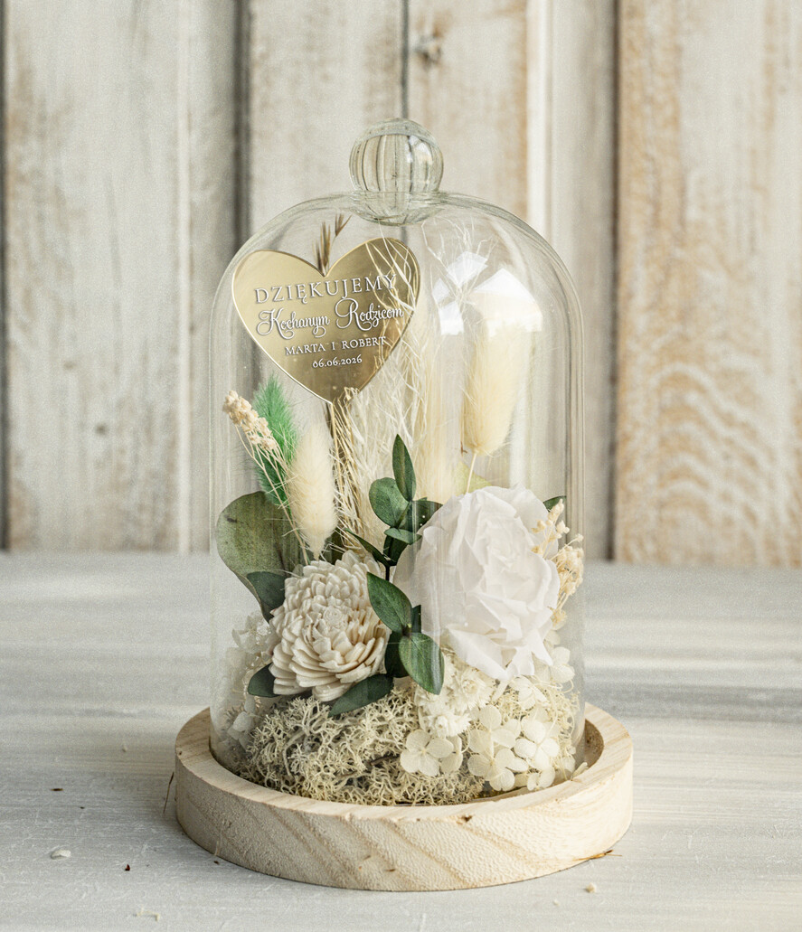 Prezenty, Podziękowania dla Rodziców Kompozycje Kwiatowe / Flowerboxy Personalizowane podziękowania dla Rodziców flowerbox z suszonych kwiatów, Wieczna róża Podziękowanie od Młodej pary w szklanej kopule, pomysł na prezent Rodzicom lub Mamie 0