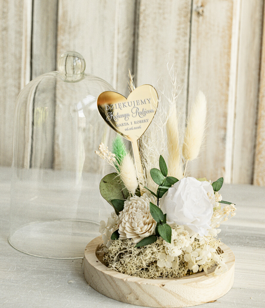 Prezenty, Podziękowania dla Rodziców Kompozycje Kwiatowe / Flowerboxy Personalizowane podziękowania dla Rodziców flowerbox z suszonych kwiatów, Wieczna róża Podziękowanie od Młodej pary w szklanej kopule, pomysł na prezent Rodzicom lub Mamie 1