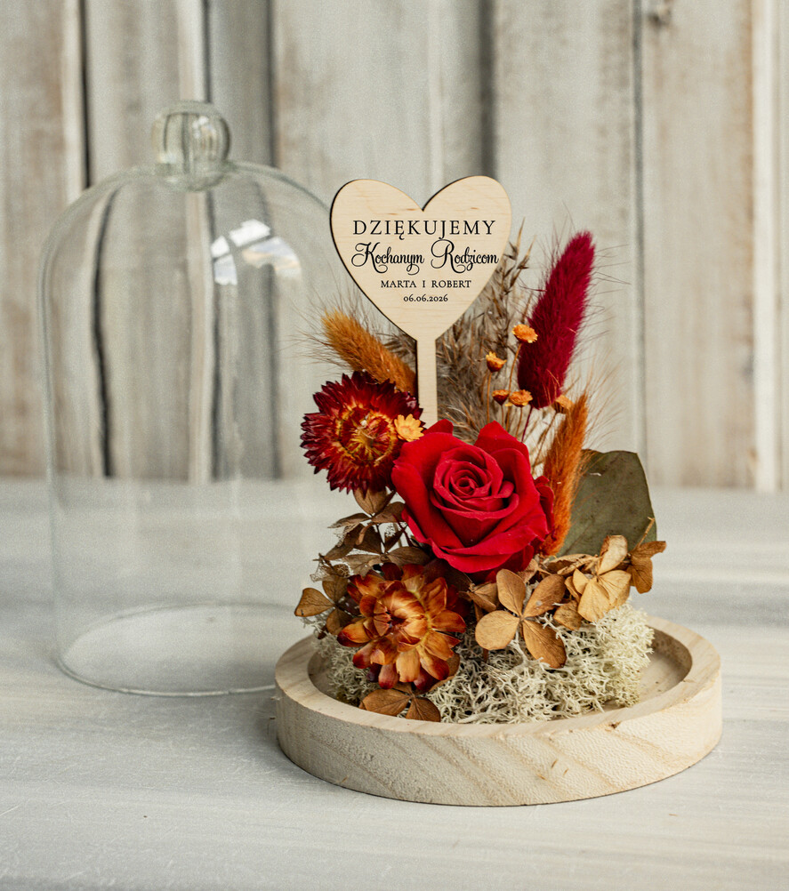 Prezenty, Podziękowania dla Rodziców Kompozycje Kwiatowe / Flowerboxy Personalizowane podziękowania dla Rodziców flowerbox z suszonych kwiatów, Wieczna róża Podziękowanie od Młodej pary w szklanej kopule, pomysł na prezent Rodzicom lub Mamie 2