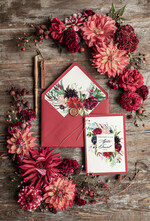 Zaproszenia ślubne Natura rustykalne zaproszenia ślubne bordowe boho kwiaty jesienne dalie  zaproszenie na ślub przeźroczysta koperta z kalki3